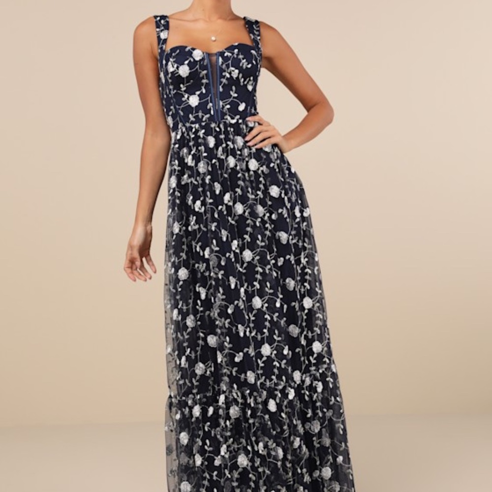 Lulus Gala Invite Navy Blue Embroidered Tulle Bustier Maxi Dress - Size XL